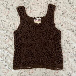 Vintage 70s Crochet Tank Top Cotton Linen Junior House Brown Knit Layering